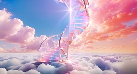 Poster - Fantasy scene with transparent glass stairs to heaven, cosmic landscape with clouds and energy of different colors