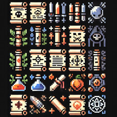 Wall Mural - Magic Scrolls Icons in Pixel Art Style