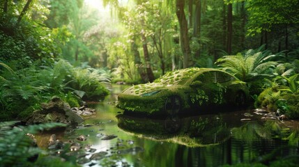 Canvas Print - Car Overgrown with Nature in a Lush Forest