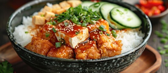 Canvas Print - Teriyaki Chicken and Tofu Bowl with Sesame Seeds and Cucumber