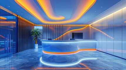 Modern office entrance with abstract blue interior and orange lighting