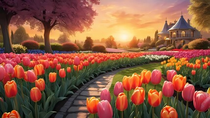 Wall Mural - summer view of colorful tulip flower garden with beautiful sunset