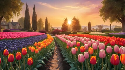 Wall Mural - elegant sunset colorful tulip garden