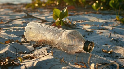 Wall Mural - A littered plastic bottle rests on a sandy shore