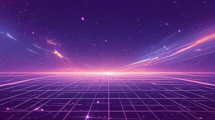 Poster - Retro futuristic purple and pink grid background with copy space text for design, technology, and science fiction.