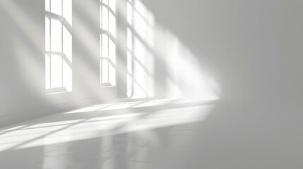 Poster - White room with sunlight streaming through windows with copy space text for interior design, minimalism, and home.