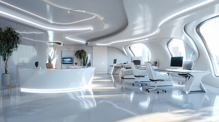 Poster - White futuristic office interior with copy space text for design, technology, and business.