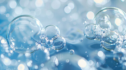 Poster - Abstract blue water bubbles with copy space text for clean, fresh, and pure.