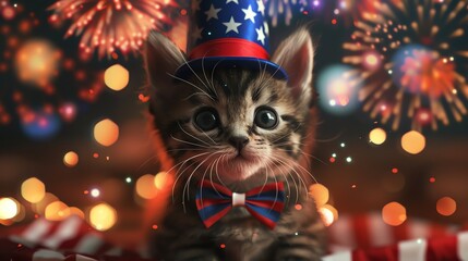 A cute 3D kitten wearing a DIY 4th of July costume, featuring a tiny Uncle Sam hat and a red, white, and blue bowtie