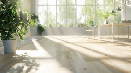 Poster - White wooden floor with sunlight streaming through window with copy space text for home, design, and minimalist.