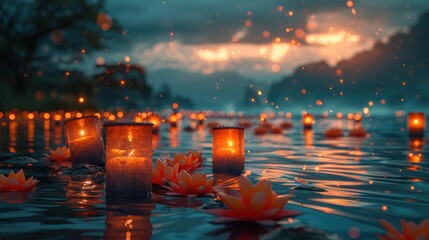 Wall Mural - Floating Lanterns on a Still Lake at Sunset