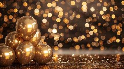 Poster - Gold balloons on a gold glitter background with copy space text for celebration, party, and birthday.