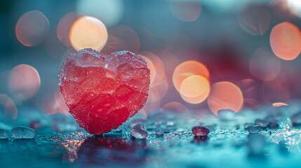 Poster - Red heart shaped candy on a blue background with copy space text for love, romance, and Valentine's Day.