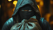 © Anek - a shadowy figure in a black hoodie and mask, clutching a hefty bag packed with cash, suggesting a high-stakes heist or robbery