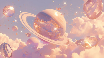 Wall Mural - Pink clouds with golden planets and diamonds with copy space text for fantasy, dream, and magical.