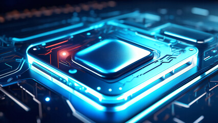 Poster - Abstract blue and red glowing circuit board with copy space text for technology, science, and innovation.
