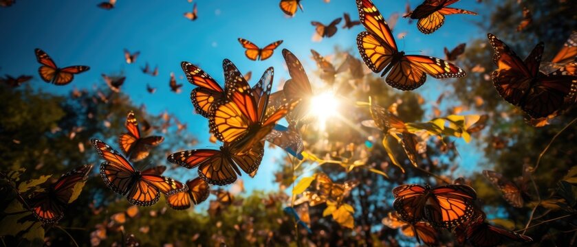 The annual Monarch butterfly migration in MichoacÃ¡n, Mexico, with thousands of butterflies clustering on trees and fluttering in the air. 