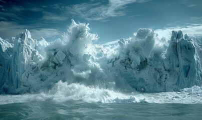 Wall Mural - A scene of a melting glacier with large chunks of ice breaking off into the ocean, illustrating the impacts of global warming