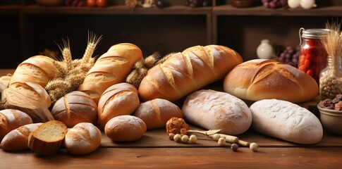 bakery background, background, soft texture, breads on a wooden table