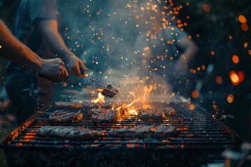 the festive scene of an outdoor party with friends close up shot of the grilling barbecues, the bright light brought to life by the soft light on smoke fostering a welcoming and spirited ambiance.
