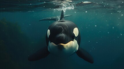 Wall Mural - Close up of an orca swimming underwater