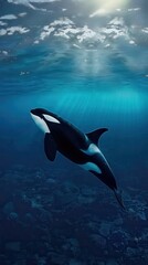 Wall Mural - A lone orca swims through the deep blue ocean