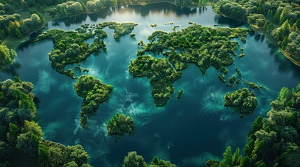 Wall Mural - World Map Formed by Lush Green Islands in a Lake