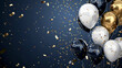 © Erika - fondo creativo azul con destellos dorados y globos elegantes de decoracion con espacio para copiar para diseño o invitacion de festejo celebracion graduacion o cumpleaños