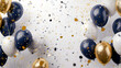 © Erika - marco de globos elegantes con confeti dorado con fondo liso blanco y decoraciones invitacion para diseño o festejo celebracion de graduacion o cumpleaños