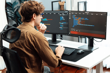 Poster - working it developer with stressful overworked in creating online software development coding on pc 
