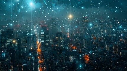 Wall Mural - A nighttime cityscape with bright glowing lines and dots representing digital connections over the skyline, signifying modern technology and interconnectedness issues.