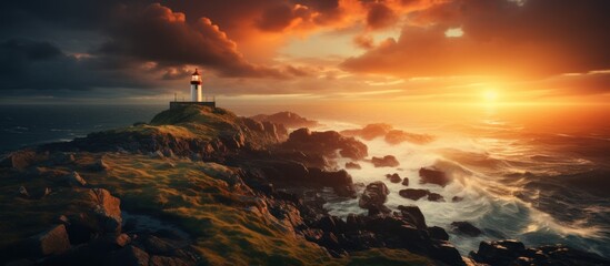 Wall Mural - Lighthouse on a Rocky Coastline at Sunset