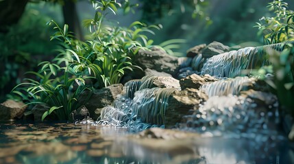 Wall Mural - A detailed shot of a tranquil mountain stream, with clear water flowing over smooth rocks and surrounded by lush greenery.