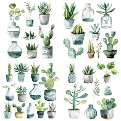 Collection of mini cactus or Cactaceae plant in various form watercolor illustration on white background