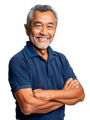 Wall Mural - Portrait of a confident senior Asian man with a beard wearing a blue polo shirt, arms crossed, isolated on a transparent background.