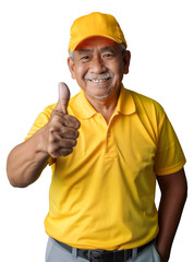 Wall Mural - Portrait of a happy senior Asian man wearing a yellow uniform and cap, giving a thumbs up, isolated on a transparent background.