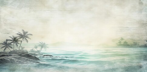 Wall Mural - hawaii background with palm trees and ocean waves, featuring a large rock and blue water under a gray sky