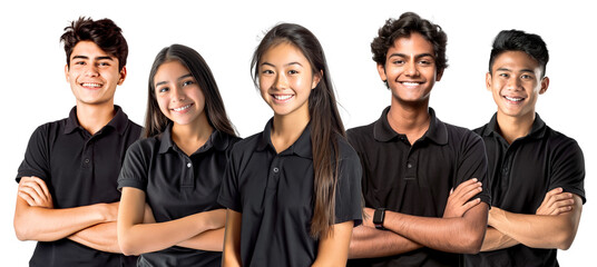 Wall Mural - A group of diverse teenagers wearing black polo shirts, smiling and standing together, isolated on a transparent background.