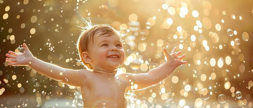A joyful toddler playing and splashing in water with arms outstretched, illuminated by warm, golden sunlight.