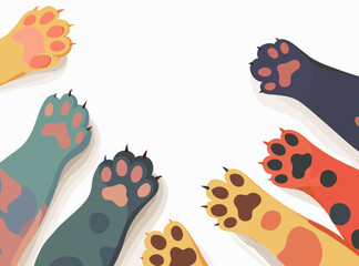 A circle of colorful cat cartoon paws in various hues and patterns, isolated on a white background.