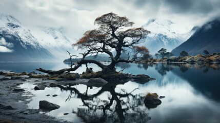 Wall Mural - Solitary Tree Reflecting on a Calm Lake with Snowy Mountains in the Background