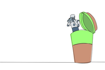 Poster - single one line drawing a smart robot emerges from paper cup looking for something through binocular