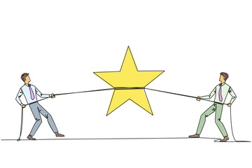 Poster - single one line drawing two businessmen fighting for a star. competition for award stars. trying to 