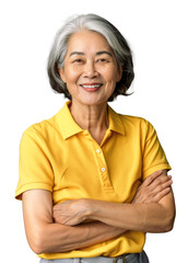 Wall Mural - Portrait of a confident senior Asian woman wearing a yellow uniform with arms crossed, isolated on a transparent background.