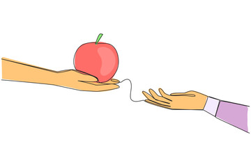 Poster - Single one line drawing hand giving apple. Fruit has three colors; red, yellow and green. Has different taste. Contains vitamins C, A also contains calcium. Continuous line design graphic illustration