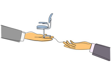 Poster - Continuous one line drawing hand provides work chair. Handover of position. Share the same responsibilities in business. Teamwork to make a lot of profit. Single line draw design vector illustration