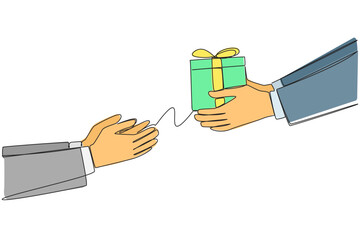 Poster - Single one line drawing hand giving gift box. Give appreciation. Rewards for achieving success. Award. An extraordinary achievement deserves recognition. Continuous line design graphic illustration