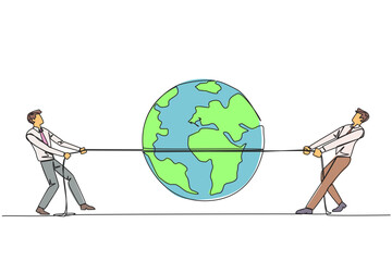 Poster - Single one line drawing two businessmen fighting over globe. Fighting over strategic locations. Business must be developed in different places. For profit. Continuous line design graphic illustration