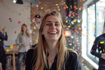 Wall Mural - Portrait of a beautiful young woman at a birthday party with confetti