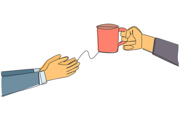 Wall Mural - Continuous one line drawing hand giving mug glass. Contains cup of warm coffee or tea. Create comfortable atmosphere of togetherness. Relaxed for a moment. Single line draw design vector illustration